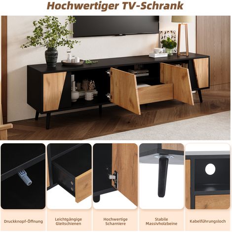Meuble TV bas 180x40x46 cm avec tiroirs et 2 armoires, console télé moderne minimaliste, pieds en bois massif, idéale pour salon, supporte TV 75 pouces. (1/5)