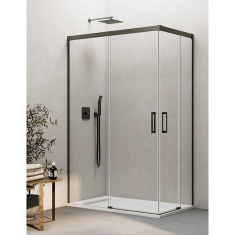 BASIC corner entry shower enclosure with two sliding doors and two fixed panels, 110x80 cm, clear glass, titanium finish