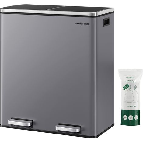 Songmics – Poubelle à pédale 2 compartiments 2 x 30 L – Couvercles en métal – Seaux intérieurs en plastique – Mécanisme de fermeture douce – Gris ardoise
