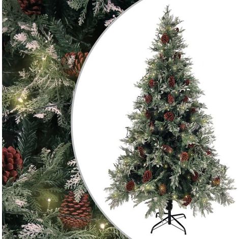 Un sapin de Noël pré-illuminé, décoré de pommes de pin vertes et blanches, de 195 cm de haut, en PVC PE. (1/5)
