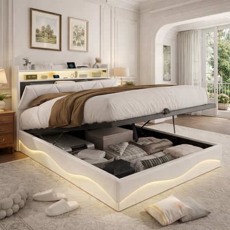 Lit Hydraulique 140x200CM avec Sommier LED et USB Tpye C, Lit Coffre avec Rangement, Lit Double capitonné, 2 Personne,Velours beige (1/5)