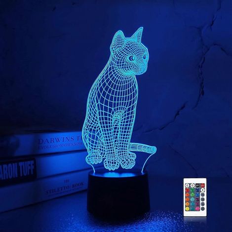 Veilleuse 3D en forme de chat, lampe stéréoscopique 3D en forme de chat, 16 couleurs disponibles, avec télécommande, idéale pour la décoration de la chambre d'enfant, cadeaux de Noël et d'anniversaire (1/5)