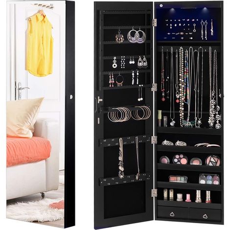 Goplus – Armoire à bijoux suspendue avec éclairage LED – Miroir plein sans cadre – 36 x 10 x 120 cm – 2 tiroirs pour rangement optimal – Noir (1/5)