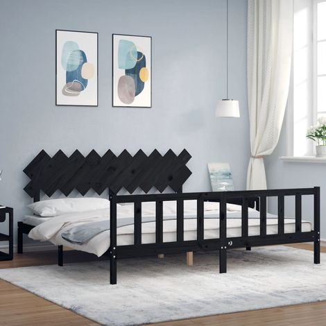 Lit adulte Contemporain avec tête de lit  Cadre de lit noir 200x200 cm bois massif 59921 (1/5)