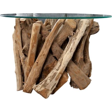 Tavolino rotondo ARBOREA 70 cm – Tavolino in legno di teak con piano in vetro temperato
