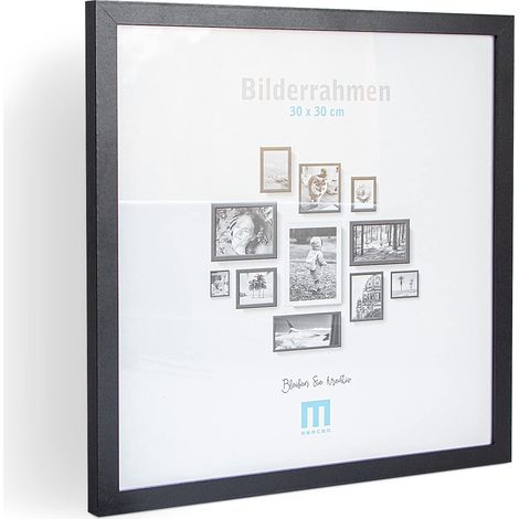 Cadre photo moderne et intemporel en bois MDF noir pour petites photos et images de 30 x 30 cm avec protection en verre acrylique. Il peut être utilisé comme support de table ou à poser au mur