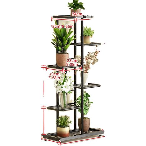 Soporte para plantas, 8 niveles, diseño de metal resistente, 6 unidades - Negro (1/2)