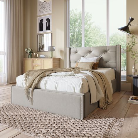 Letto contenitore imbottito e idraulico, con rete a doghe e testiera, 90 x 200 cm, grigio chiaro, senza materasso (1/5)