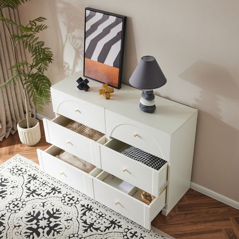 Cómoda 120x40x82 cm blanca en tablero de partículas con 6 cajones y estilo romántico (1/5)