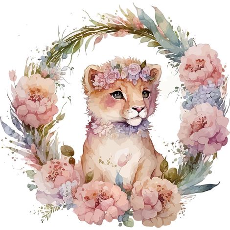 Papier peint panoramique Enfants - Lionceau Fleurs - 130 cm x 84 cm (1/2)