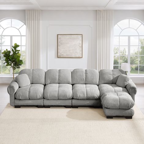 Canapé de salon en forme de L, 4 places, tissu chenille, canapé d'angle modulaire avec ottomane mobile, matelassage fin, doux et soutenant, dossier ergonomique, montage facile, gris clair (1/5)