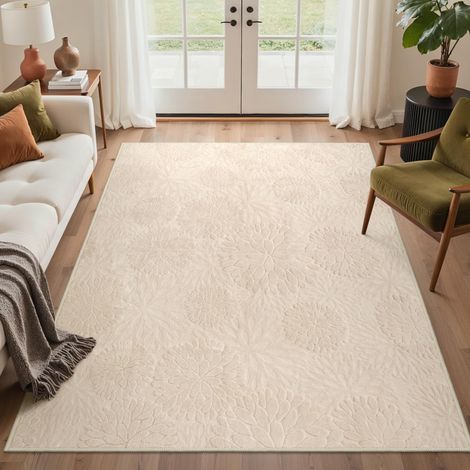 Tapis Salon Beige 160x230cm Crème Floral Moderne 3D Crème antidérapant lavable en machine, doux et confortable pour chambre, séjour et salle à manger (1/5)
