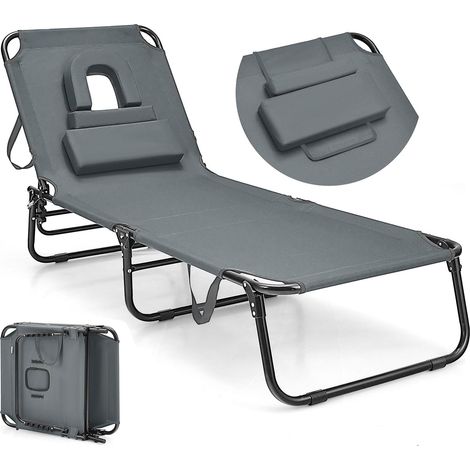 GOPLUS Chaise Longue Pliante Réglable en 5 Positions-Transat Jardin avec Trou pour Visage&3 Coussins Amovibles-Charge 160KG Gris (1/2)