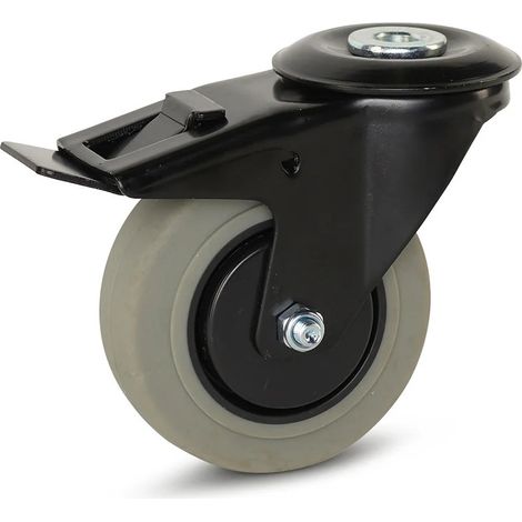 Roue pivotante freinée - MESO - Caoutchouc gris - 100mm - 150kg - Boîtier noir - Trou central