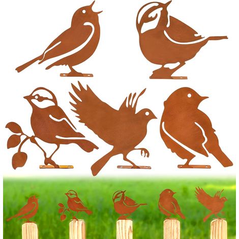 5-teilige rostige dekorative Vögel, rostige Vogeldekoration, geeignet für die Außendekoration in Gärten, Terrassen, Balkonen und Heckenpfosten (Rost) (1/5)