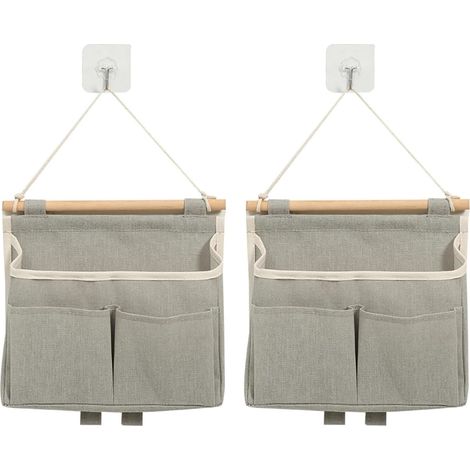 2 Sac de Rangement Suspendu, Coton et Lin, Imperméable, avec Tige en Bois et Crochets, pour Salle de Bain, Chambre, Salon