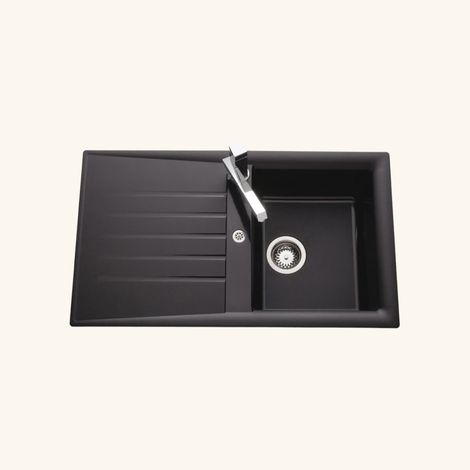 Évier résine noir 86x50 cm – Évier encastrable réversible 1 bac avec égouttoir – Bonde et siphon inclus – Pour meuble sous évier 45 cm – EWI