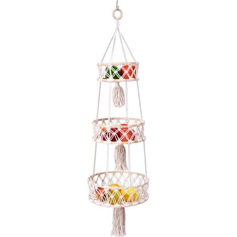Panier Fruit Suspendu - 1 pièce, Panier Fruit Suspendu 3 Niveaux Corde Coton Tressée + Crochet - Mural, Pour Cuisine/Salon/Salle de Bain (1/4)