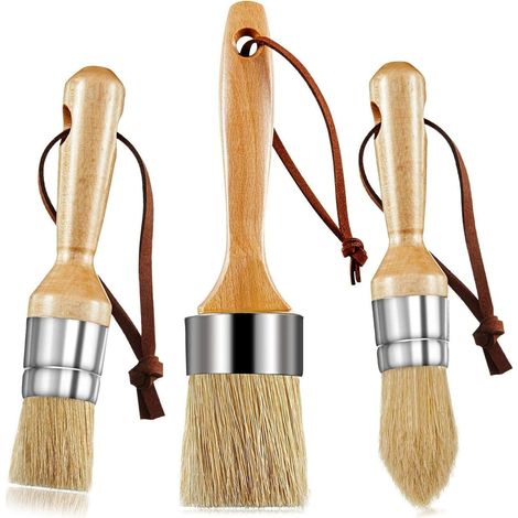 Juego de 3 pinceles para pintura a la tiza y cera - Para proyectos de pintura y encerado - Cerdas de jabalí naturales, mangos ergonómicos, pintura a la leche, pinceles para estarcido de muebles de mad (1/5)
