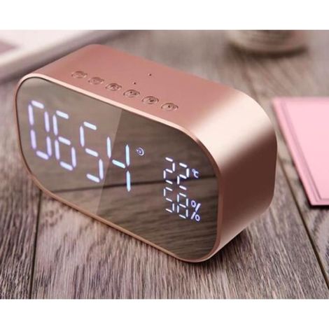 S2 Bluetooth 4.2 Haut-parleur stéréo Radio FM Appel mains libres Bureau Réveil Affichage à LED Miroir [Rose Doré]