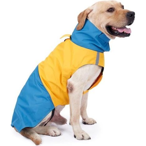 Dog raincoat - Dog jacket - Waterproof winter dog clothing - Windproof dog coat - Reflective strips - Suitable for small dogs - Medium dogs - Blue and yellow - Size XL (1/5)