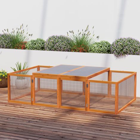 PawHut Hasenstall Winterfest Kaninchenstall aus Holz 181x100x48 cm Kaninchenkäfig mit Freilaufgehege, 2 Türen, Metallgitter, Hasenkäfig für Kaninchen, Meerschweinchen Outdoor Natur (1/5)