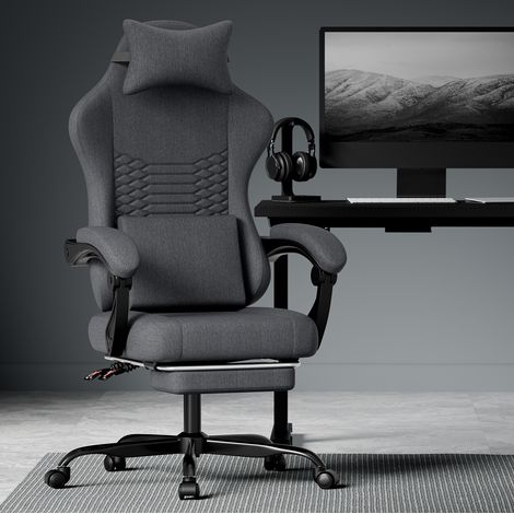 Chaise de bureau gaming en tissu, ergonomique, avec repose-pieds, noire DESVIAE (1/4)