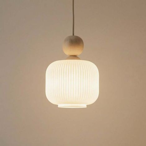 [NEUWERTIG] B-Ware Pendelleuchte Ballo Hängelampe LED dimmbar 1-flammig weiß Ø15cm E14 Glas Holz (1/2)