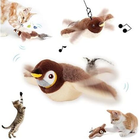 Oiseau Volant pour Chat, Jouet pour Chat Oiseau Gazouillant, Simulated Chirping Bird, Jouet Interactif pour Chats, Cadeau pour Chats (Moineau) (1/4)