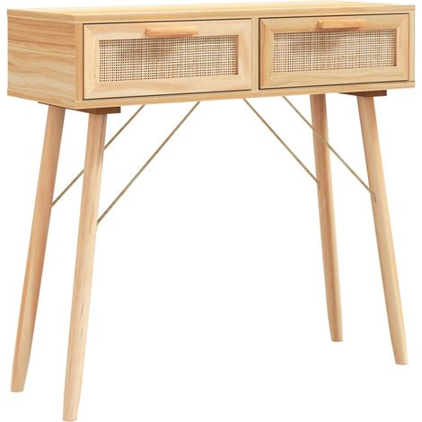 Table console，Table d'appoint，Bout de canapé，Meuble d'entrée Marron 80x30x75 cm Bois massif pin /rotin naturel