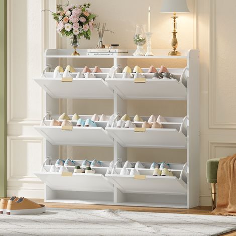 Scarpiera fino a 30 paia, 6 ante a ribalta, per ingresso e soggiorno, MDF/truciolato, bianco, 120x23x118 cm (1/5)