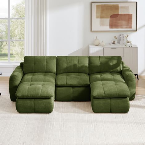 Canapé panoramique modulable 264x160x68 cm 3 places avec 2 poufs, sans armature, mousse haute densité 32D, sans montage, chenille, vert (1/5)
