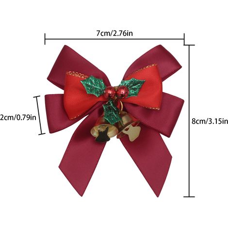 Nœud décoratif de Noël bordeaux 7×8 cm, feuilles de houx et clochettes dorées