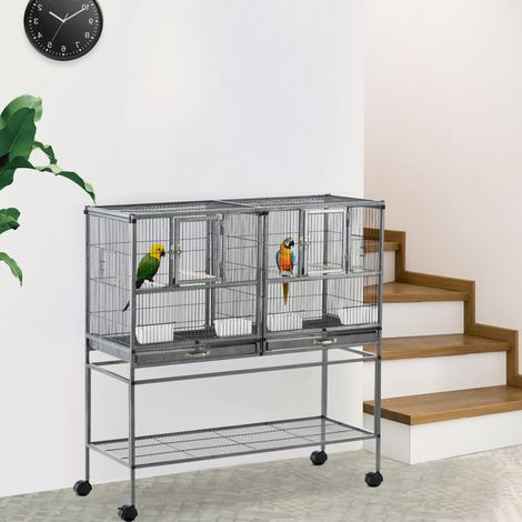 Gabbia per uccelli con ruote, voliera doppia con 2 vassoi, porte multiple, 4 mangiatoie, 4 posatoi, 95x45,5x102 cm, grigia