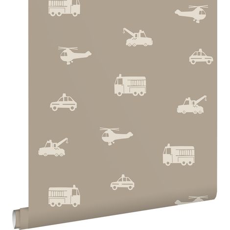 papier peint voitures, camions de pompiers, hélicoptères et grues taupe  - ESTAhome (1/5)