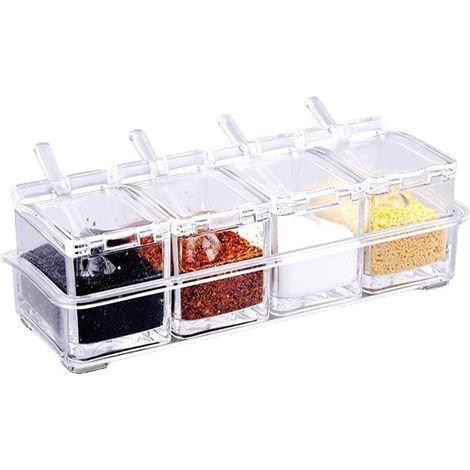 Ensemble de boîtes à épices transparentes, organisateur d'épices en acrylique 4 pièces, avec couvercle et cuillère, convient pour ranger les épices, le sucre, le sel, la cardamome, la cannelle, etc.
