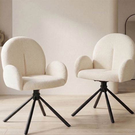Chaise de salle à manger pivotante avec accoudoirs (lot de 2) — Design rembourré, toucher doux (texture velours), pieds en métal — Convient pour la salle à manger, le salon et le bureau — Blanc crème (1/5)