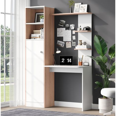 Scrivania con libreria 123.5x45x168.5 cm bianco e naturale in MDF con armadietto e 2 ripiani aperti (1/5)