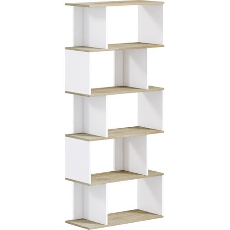 Bibliothèque de style nordique avec 5 étagères anti-basculement, capacité de charge de 25 kg, 70 x 29,5 x 163 cm, chêne et blanc