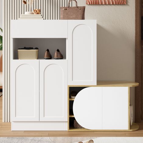 MEUBLIV Mueble zapatero con banco, 130 x 35 x 110,5 cm, natural, gran almacenaje (1/5)
