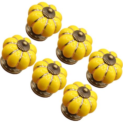 CCYKXASet of 6 Yellow Ceramic Pumpkin-Shaped Furniture Knobs for Drawers, Cabinets, Kitchen, Classic Decor and Elegant Design, 3.8x3.8cm (1/5)