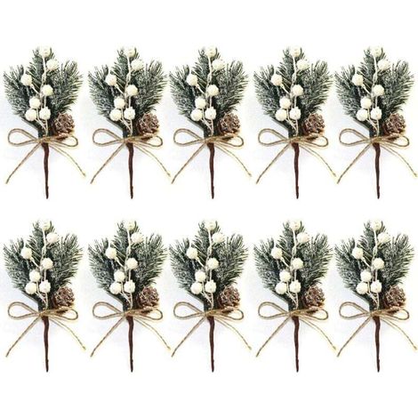 Set di 10 piccoli steli artificiali di bacche natalizie bianche da 15 cm con pigne, agrifoglio, fiori natalizi per ghirlande natalizie, decorazione di vasi da interni - Crezuo