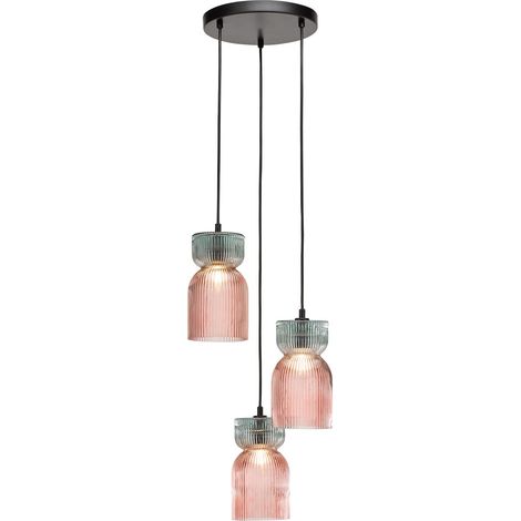 Dar Rhubarb Suspension Rhubarbe à 3 lumières en verre côtelé rose et vert (1/5)