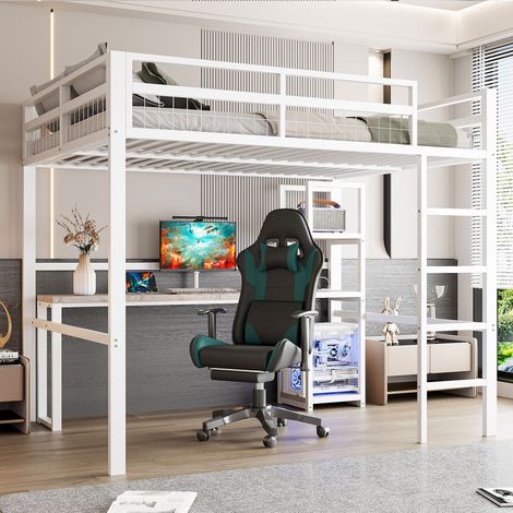 Lit mezzanine 140x200 cm avec bureau, prise électrique, USB et Type-C, étagères, garde-corps et échelle, structure en métal, Blanc (1/5)
