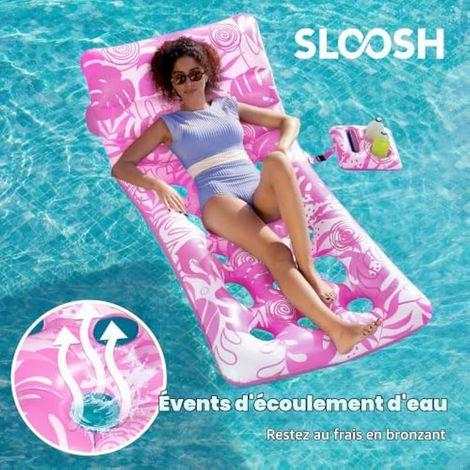 Matelas gonflable SLOOSH pour adultes, transat de piscine à motif de feuilles tropicales avec dossier réglable et porte-gobelet, bouée flottante pour bronzer, chaise flottante pour piscine, plage, lac (1/4)