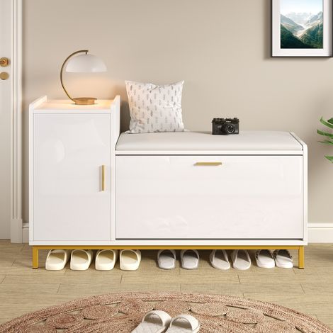 Meuble à chaussures 100x38x68cm - vec 2 compartiments, 1 armoire, banc à chaussures, pieds en métal - blanc et or (1/5)