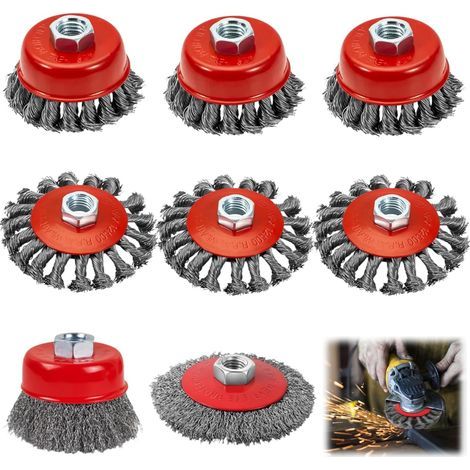 Lot de 8 brosse metallique meuleuse m14 pour meuleuses d'angle, brosse metallique disqueuse m14,80 mm et brosse métallique flexible 120 mm, pour rouiller, polir, meuler (1/5)