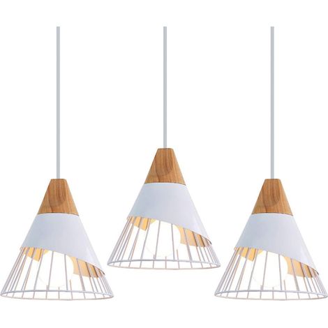 Lampadario a Sospensione Bianco Retrò Lampada Paralume Metallo e Legno Illuminazione Pendente Regolabile per Cucina Corridoio Porta 3 Pezzi (1/5)