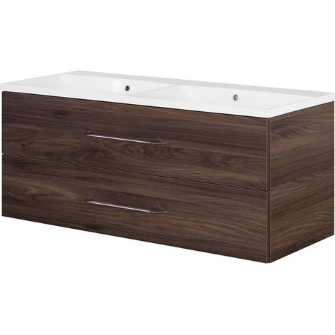 FACKELMANN Waschtischunterschrank inkl. Doppel-Gussbecken B.CLEVER / Soft-Close-System / Maße (B x H x T): ca. 120 x 48,5 x 46 cm / Möbel fürs WC oder Badezimmer / Schrank: Braun dunkel / Becken: Weiß (1/4)