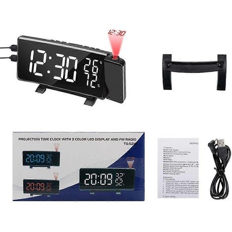 Réveil projecteur avec radio, deux alarmes, fonction snooze, chargeur USB, écran incurvé